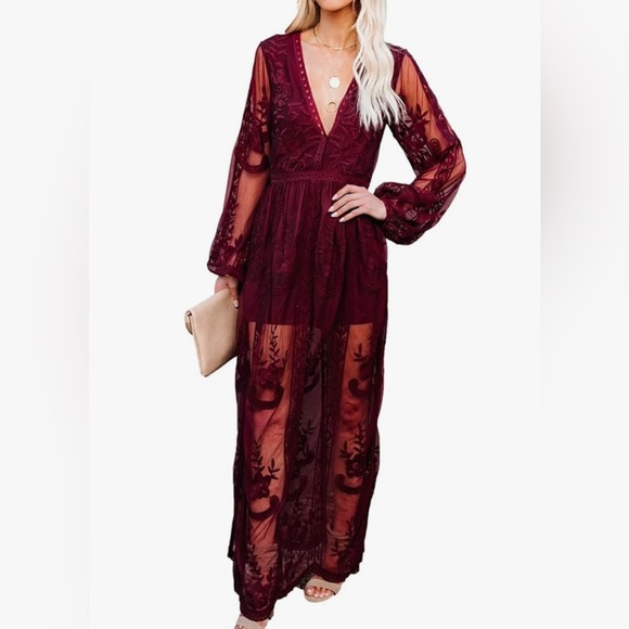 Mesh Lace Overlay Long Sleeve Maxi Dress Maroon Large - Picture 4 of 4
